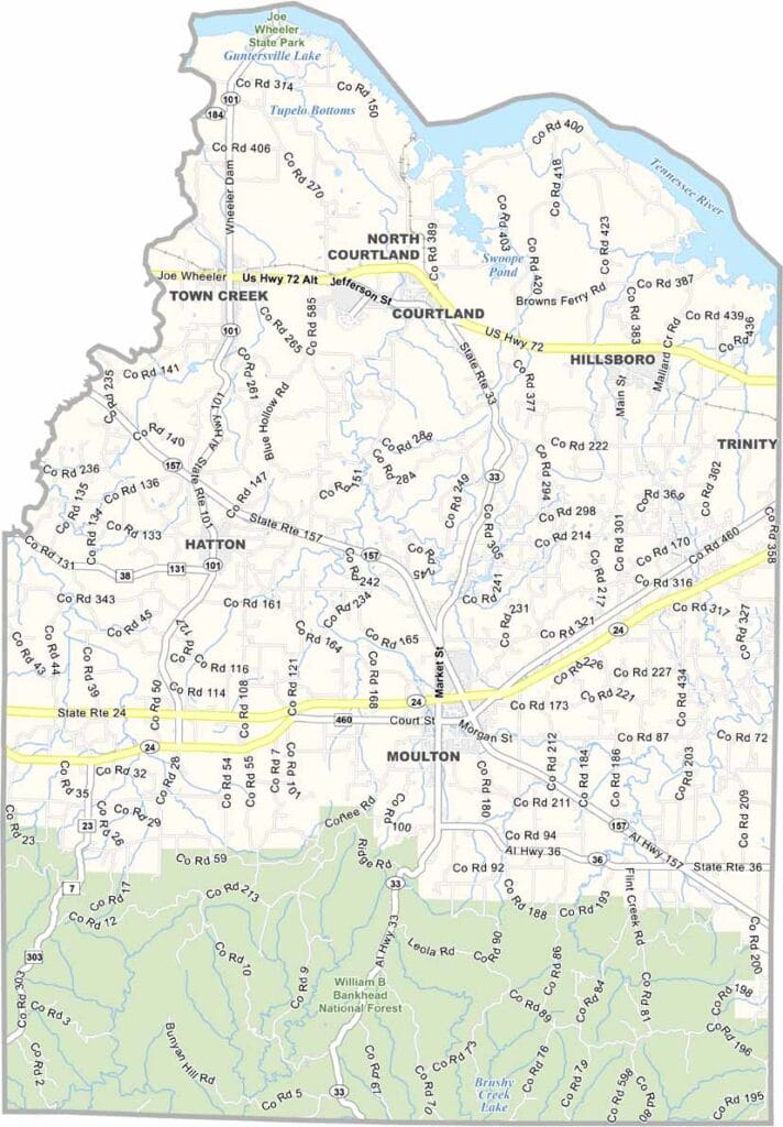 Lawrence County map showing boundaries and locations in Alabama.