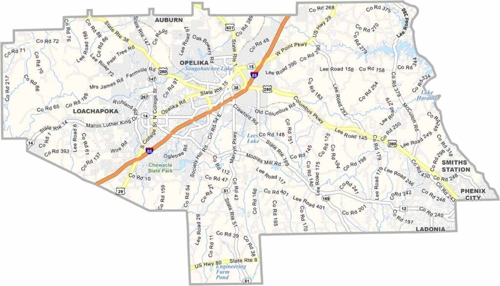 Lee County map showing boundaries and locations in Alabama.