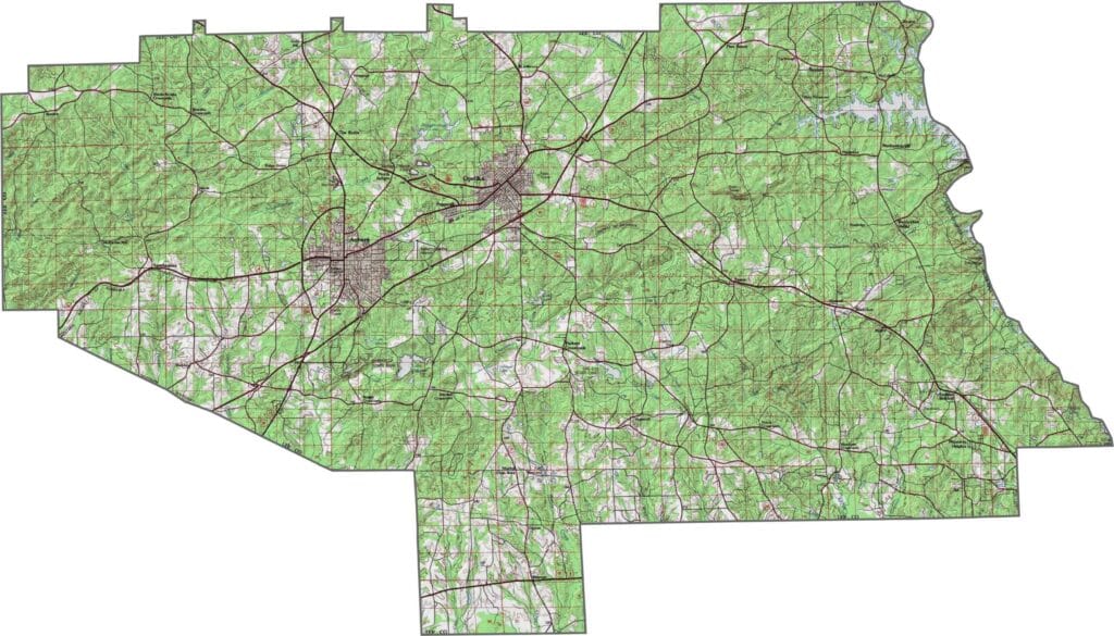 Lee County topographic map showing elevation, terrain, and land features in Alabama.