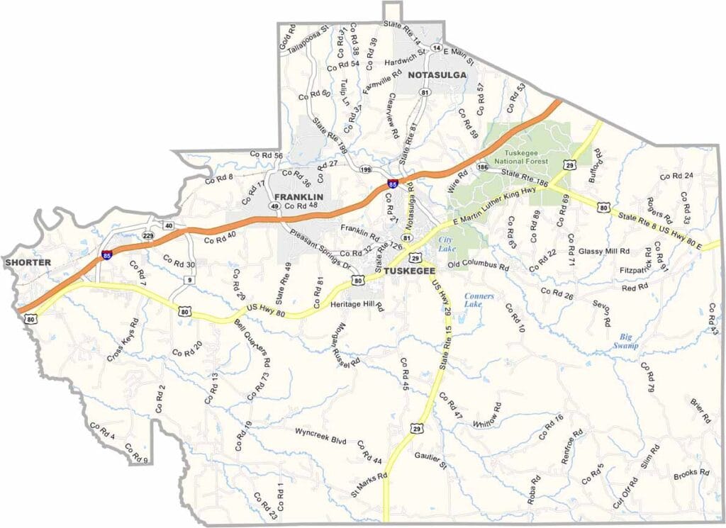 Printable Macon County Alabama map showing county boundaries and locations