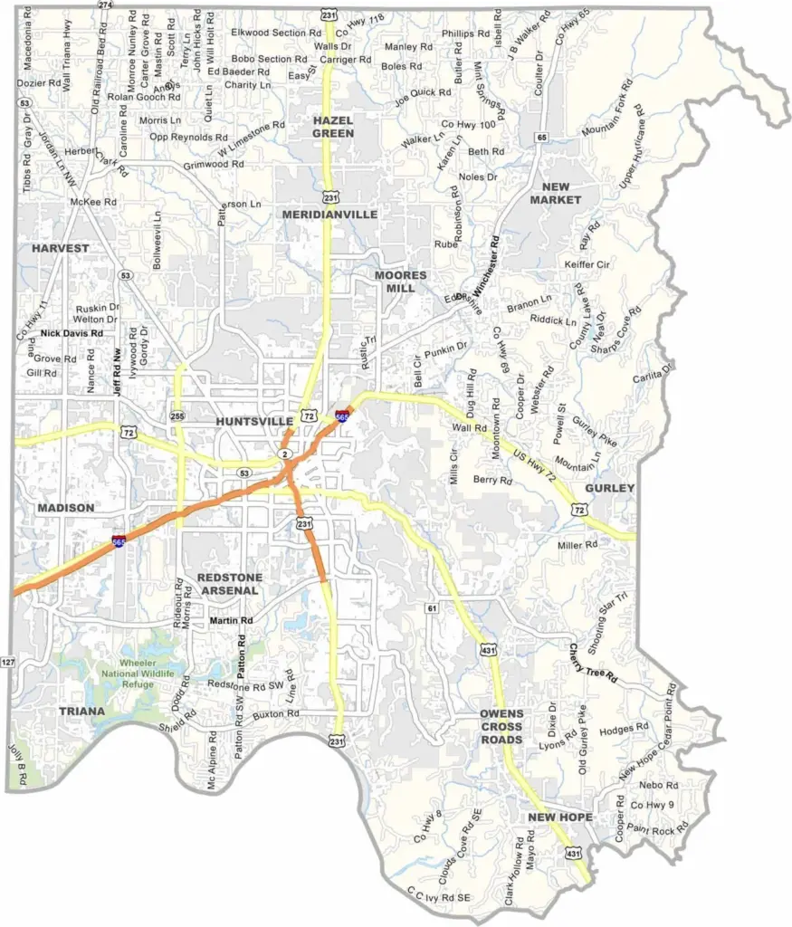 Printable Madison County Alabama map showing county boundaries and locations
