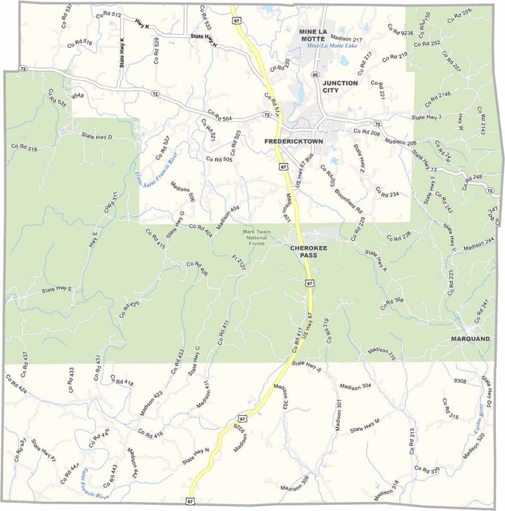 Printable Madison County Missouri map showing county boundaries and locations