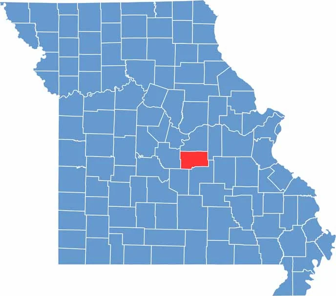 Maries Location Map showing towns, roads, and geographic features in Missouri.