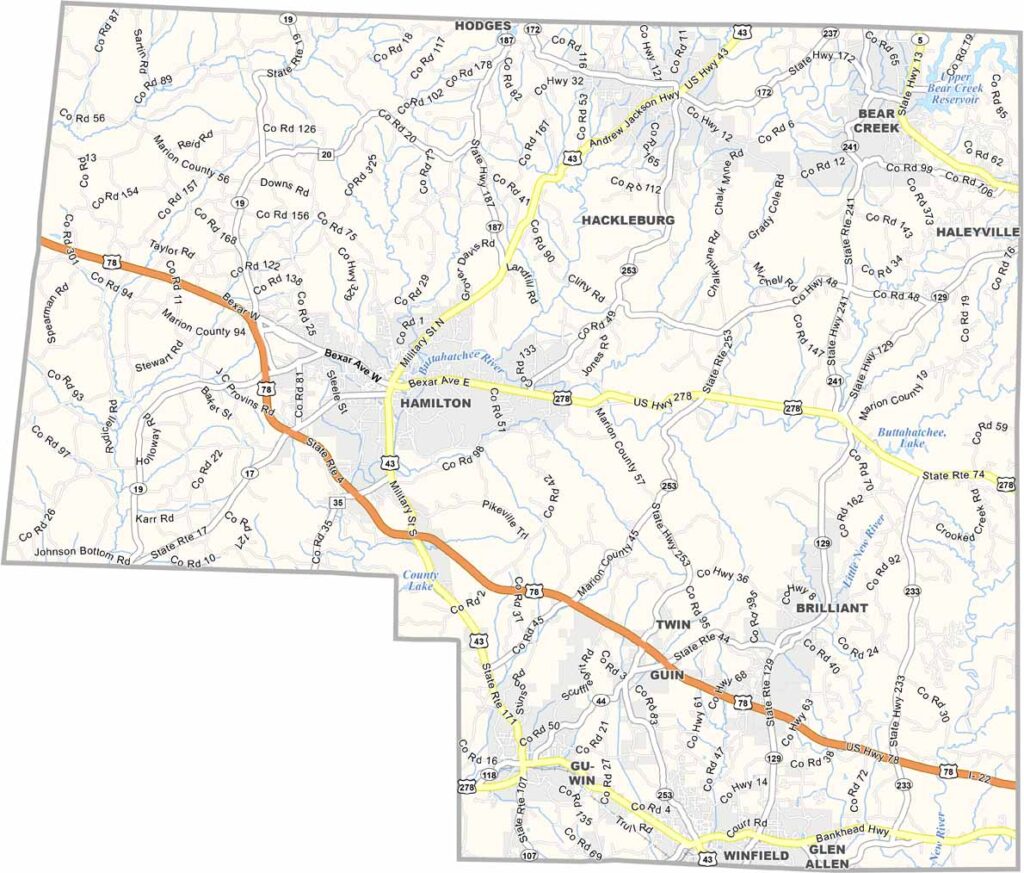 Marion County maps showing boundaries and locations in Alabama.