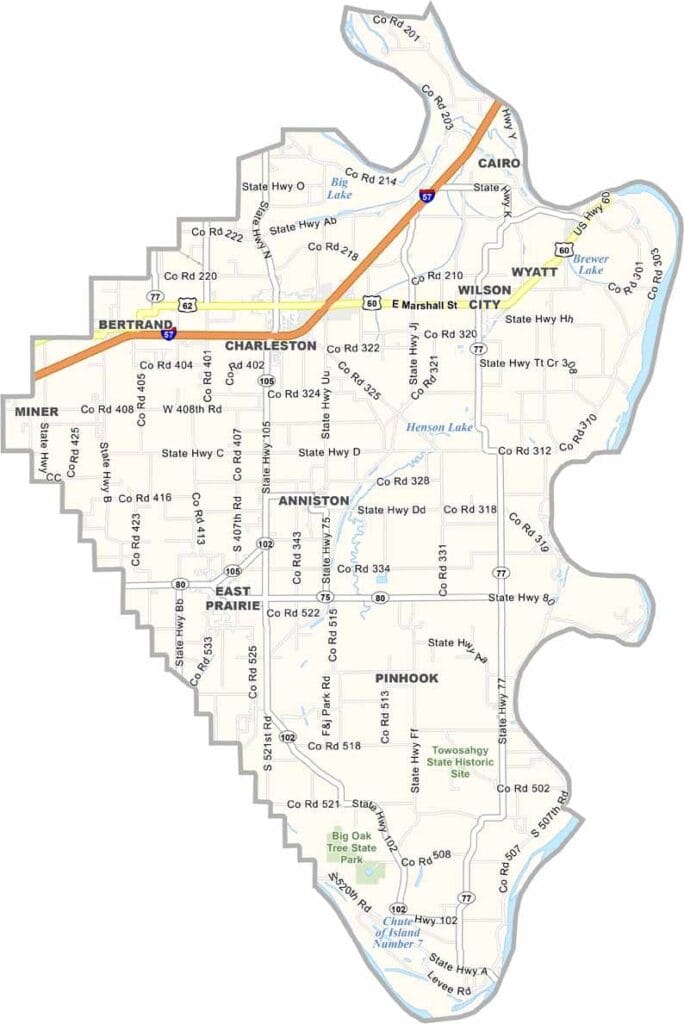 Printable Mississippi County Missouri map showing county boundaries and locations