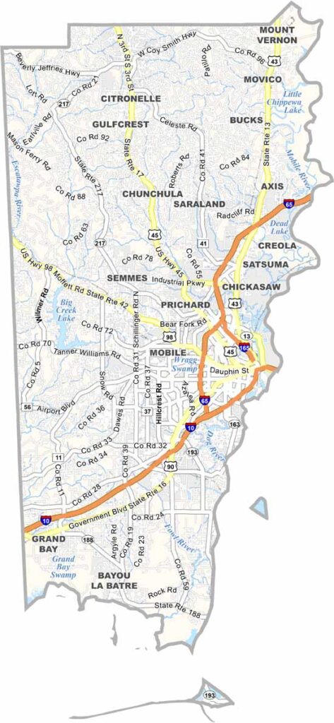 Mobile County maps showing boundaries and locations in Alabama.