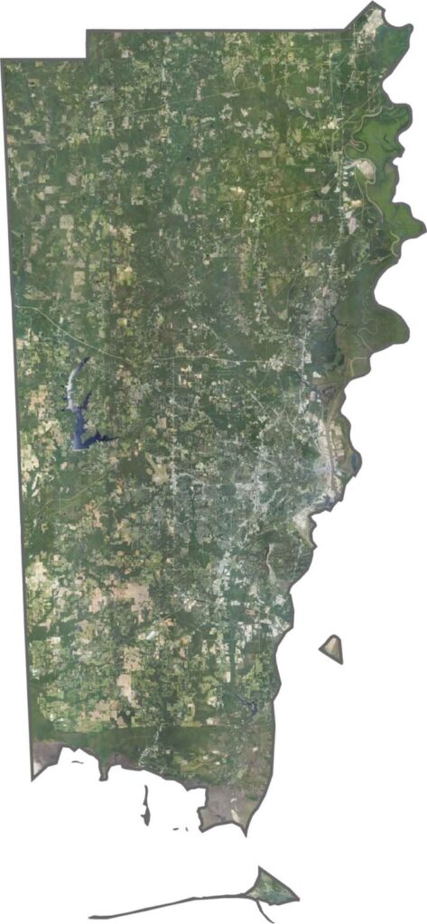 Mobile County satellite map showing land features and roads in Alabama.