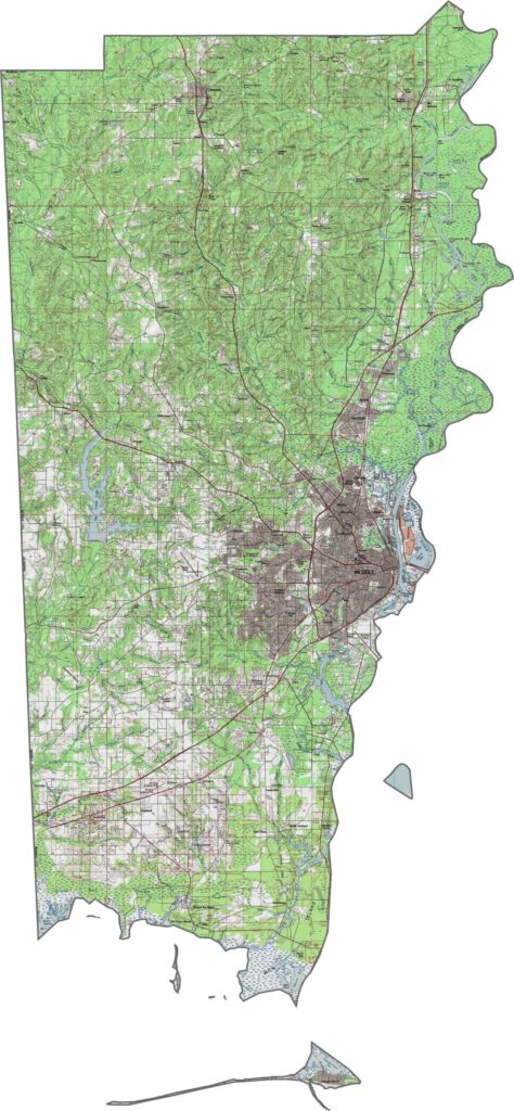 Mobile County topographic map showing elevation, terrain, and land features in Alabama.