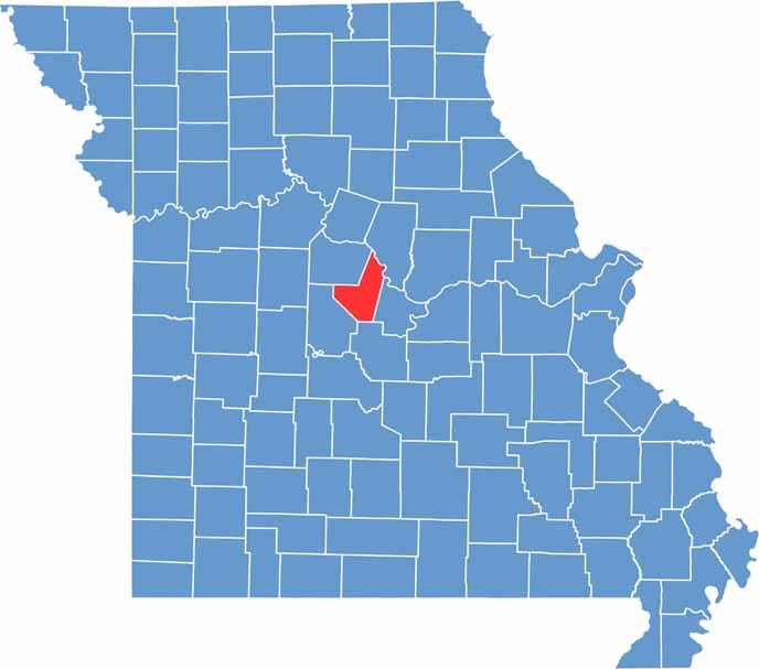 Moniteau Location Map showing towns, roads, and geographic features in Missouri.