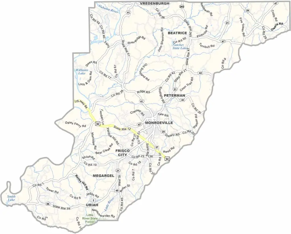 Monroe County maps showing boundaries and locations in Alabama.
