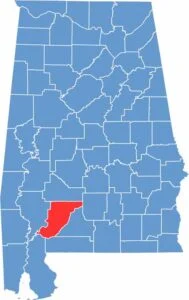 Monroe County location map showing its position in Alabama.