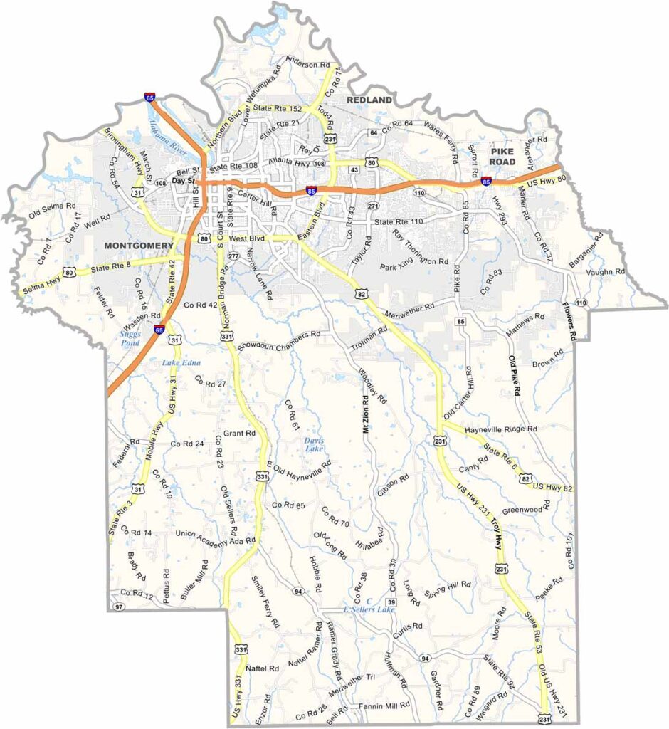 Montgomery County maps showing boundaries and locations in Alabama.
