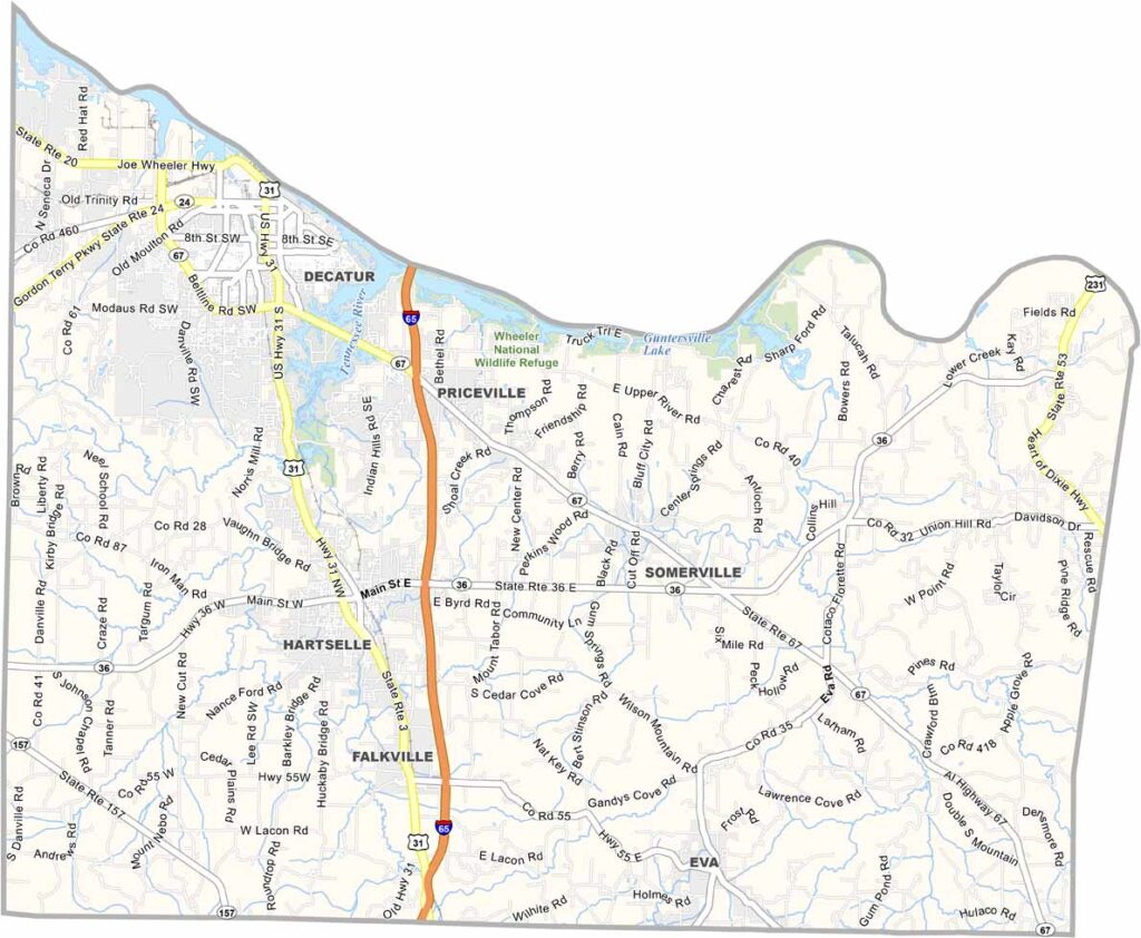 Morgan County maps showing boundaries and locations in Alabama.