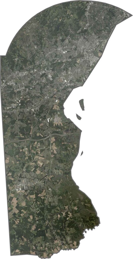 Satellite map of New Castle County, Delaware showing cities, roads, rivers, and surrounding landscape.