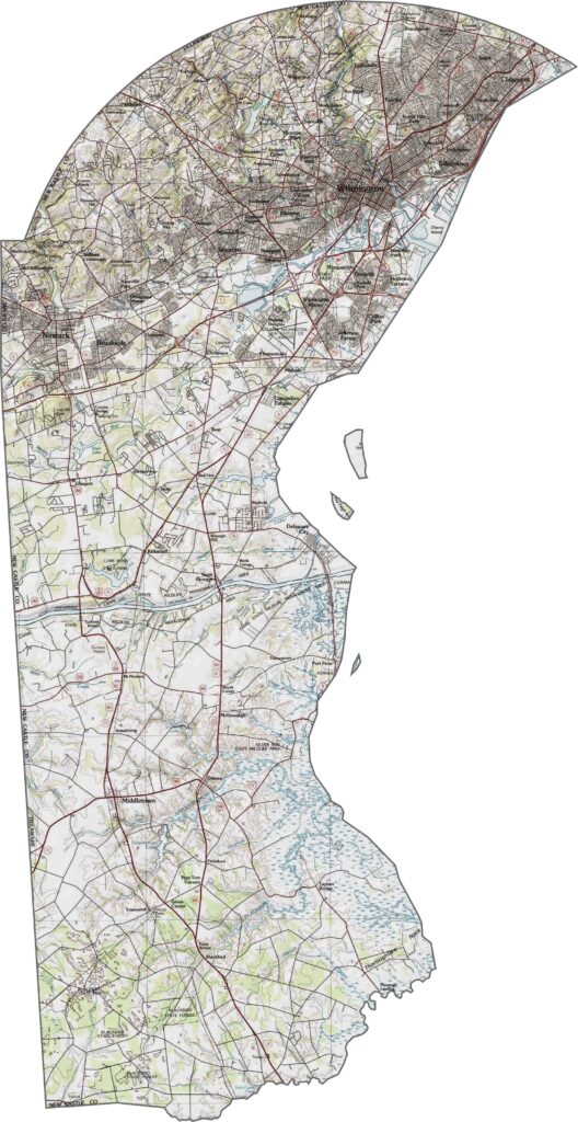 Topographic map of New Castle County, Delaware showing elevation contours, terrain, waterways, and natural features.