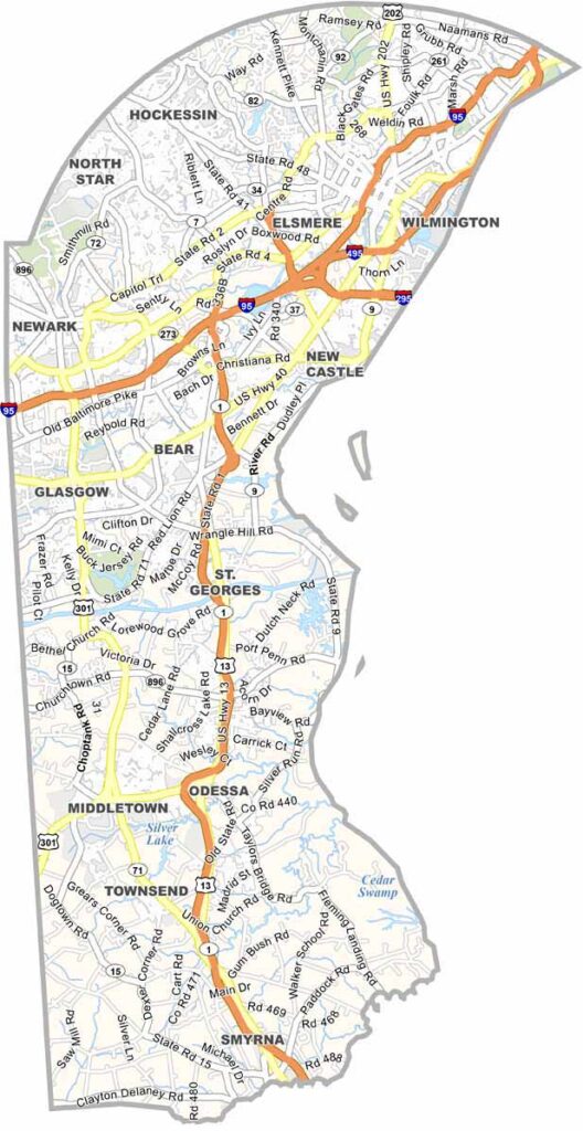 Map of New Castle County, Delaware showing major cities, roads, highways, and geographic boundaries.