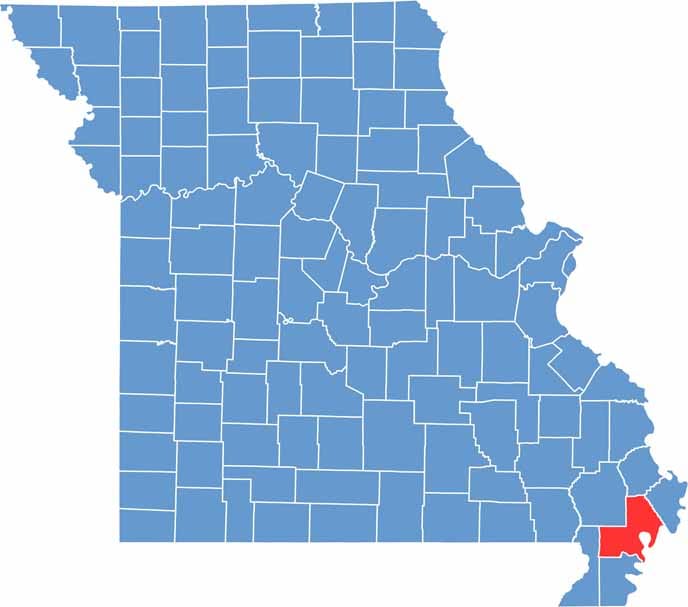 Printable New Madrid County Missouri location map showing county location and boundaries