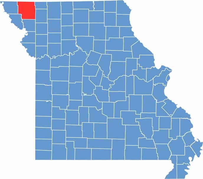 Printable Nodaway County Missouri location map showing county location and boundaries