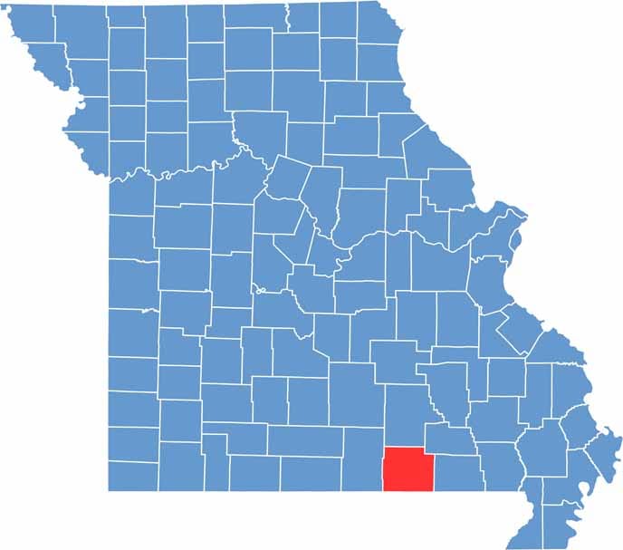 Printable Oregon County Missouri location map showing county location and boundaries