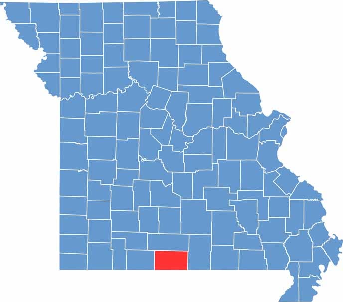 Printable Ozark County Missouri location map showing county location and boundaries