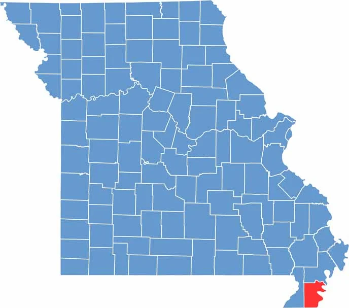 Printable Pemiscot County Missouri location map showing county location and boundaries