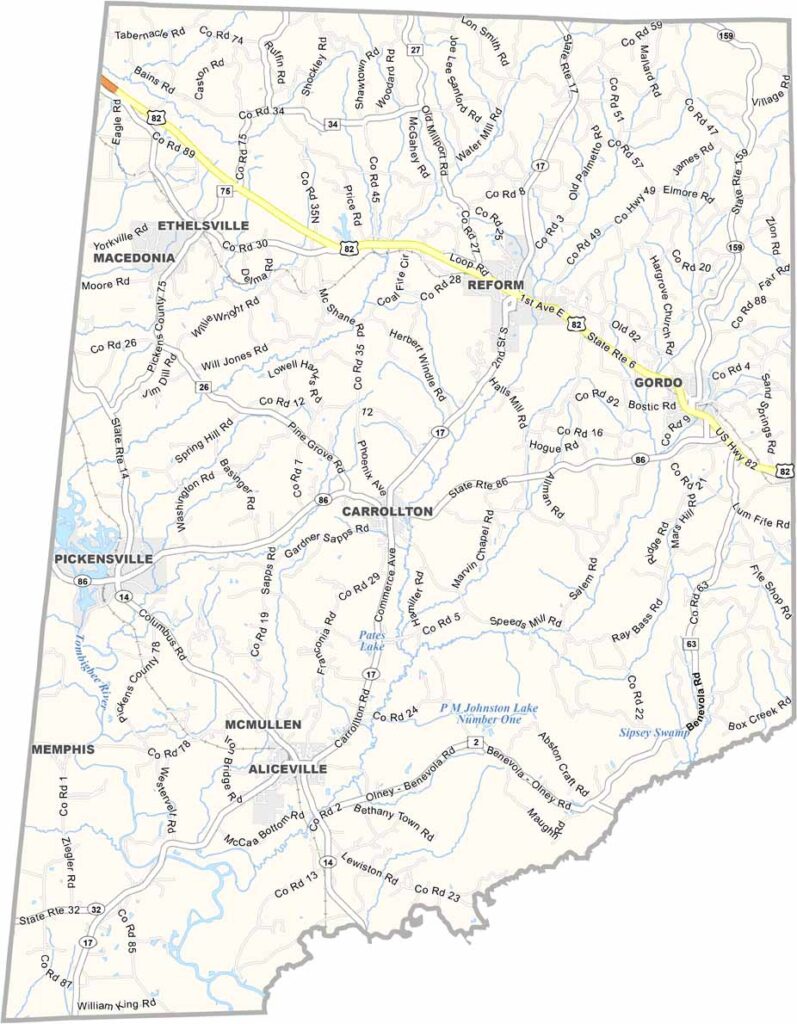 Pickens County maps showing boundaries and locations in Alabama.