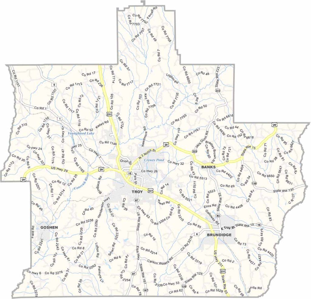 Pike County map showing boundaries and locations in Alabama.