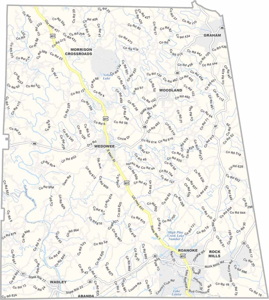 Randolph County map showing boundaries and locations in Alabama.