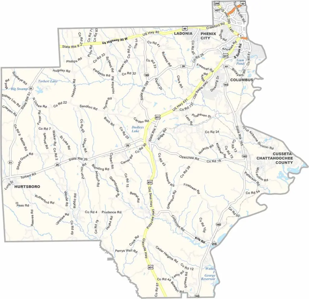 Russell County maps showing boundaries and locations in Alabama.