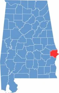 Russell County location map showing its position in Alabama.