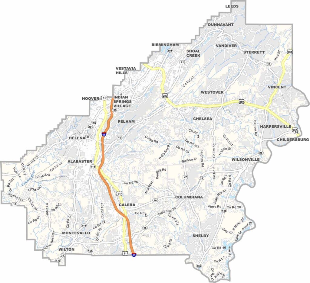 Shelby County map showing boundaries and locations in Alabama.