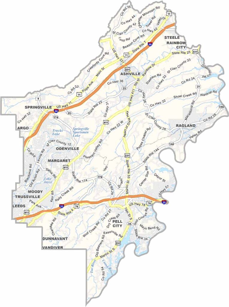 St. Clair County maps showing boundaries and locations in Alabama.