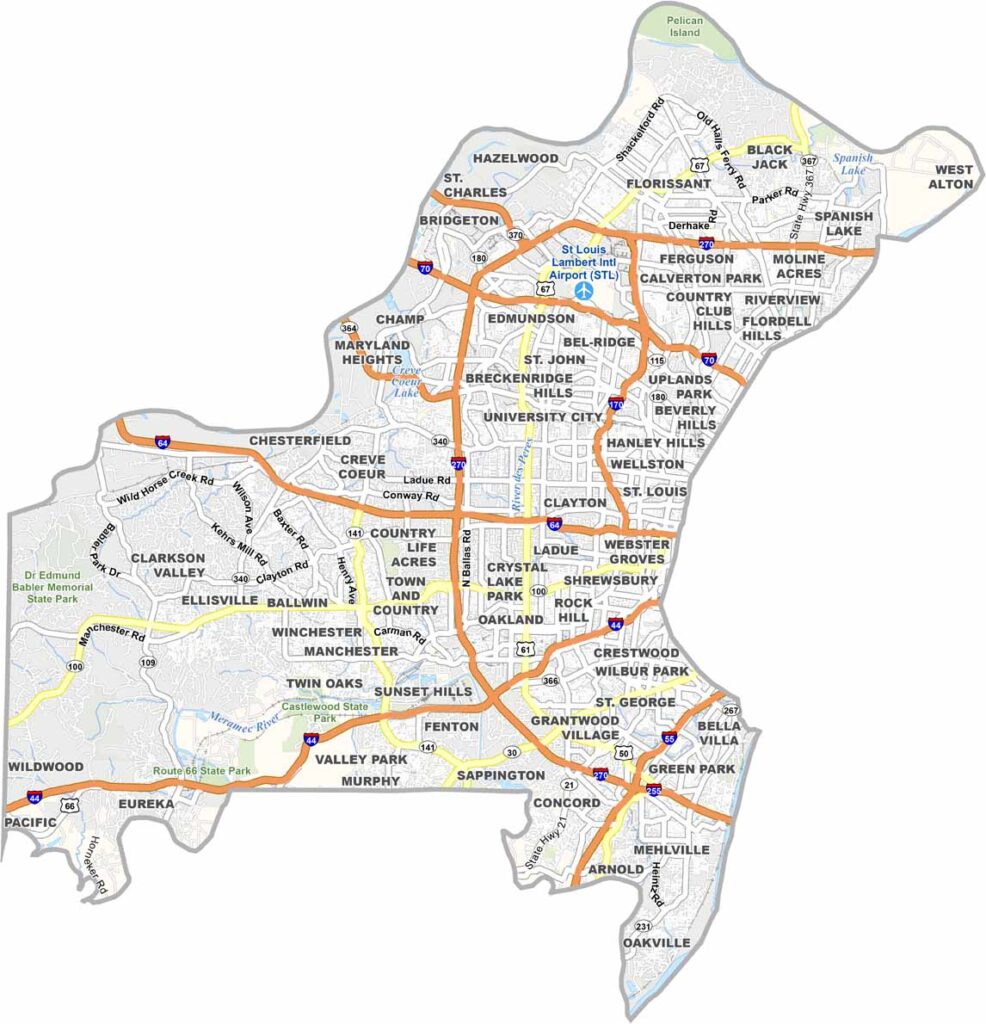 St. Louis County map showing towns, roads, and county boundaries in Missouri.