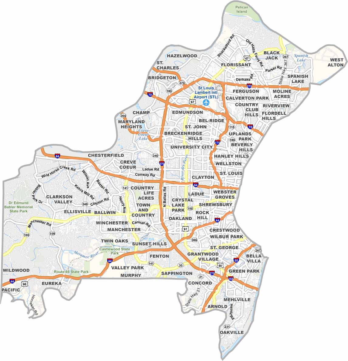 St. Louis County map showing towns, roads, and county boundaries in Missouri.