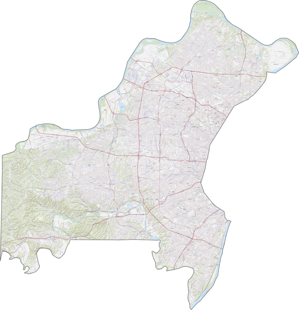St. Louis County road map showing major highways, roads, and streets in Missouri.