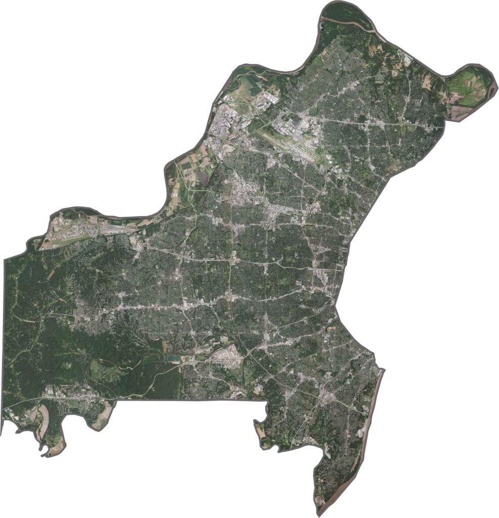 St. Louis County satellite map showing land features, roads, and water bodies in Missouri.