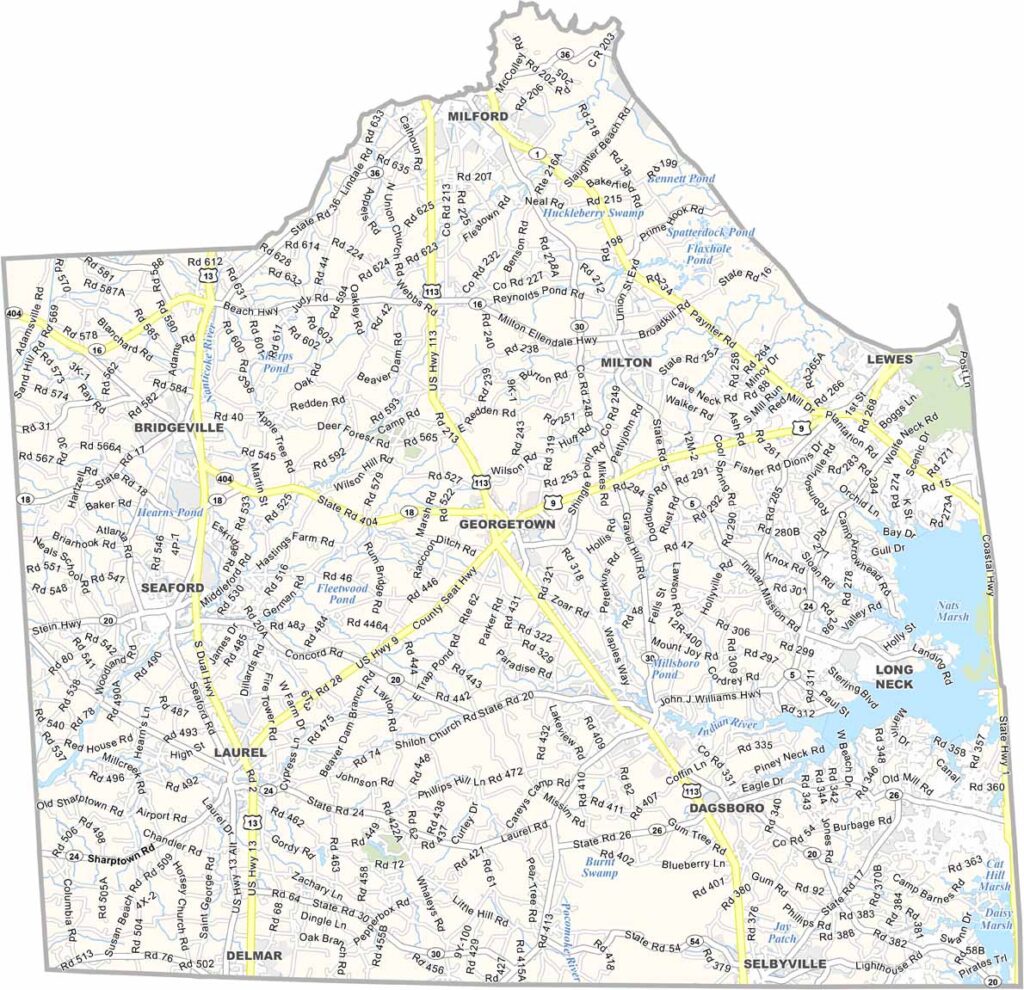 Map of Sussex County, Delaware showing major cities, roads, towns, and geographic boundaries.