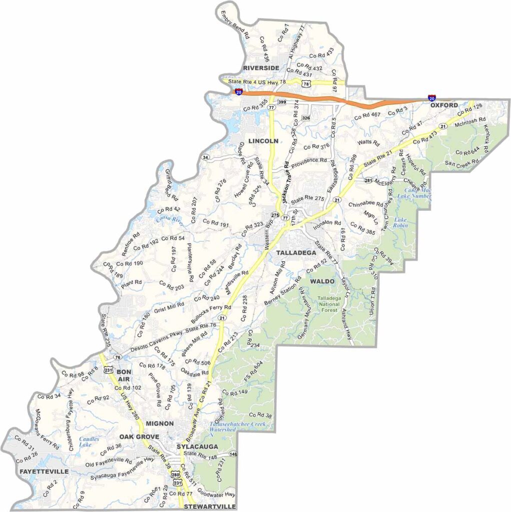 Talladega County maps showing boundaries and locations in Alabama.