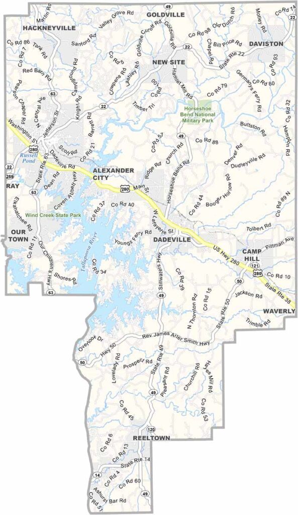 Tallapoosa County maps showing boundaries and locations in Alabama.