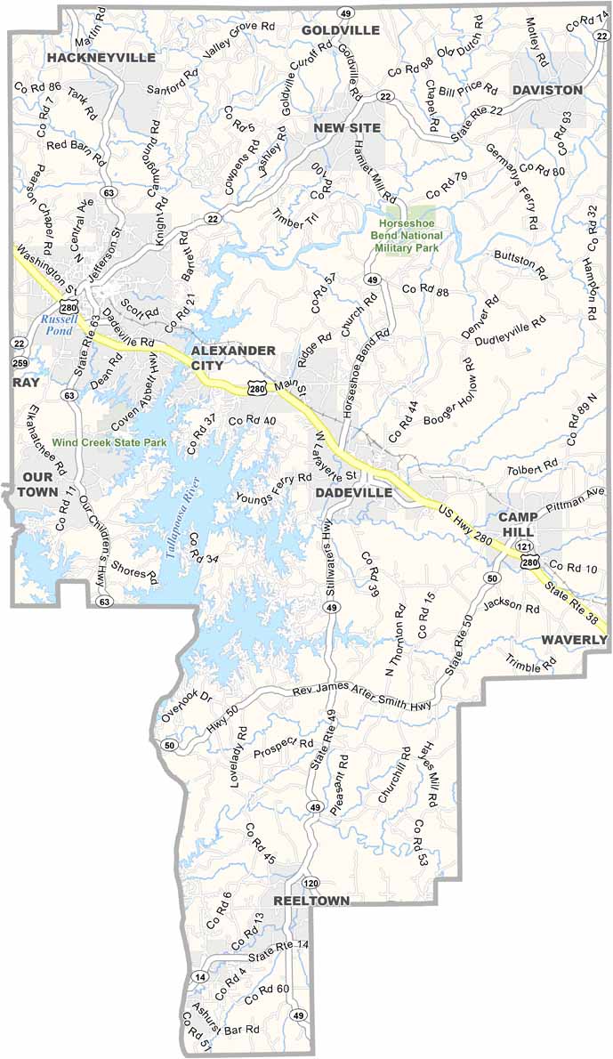 Tallapoosa County maps showing boundaries and locations in Alabama.