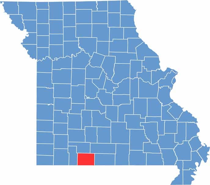 Printable Taney County Missouri location map showing county location and boundaries