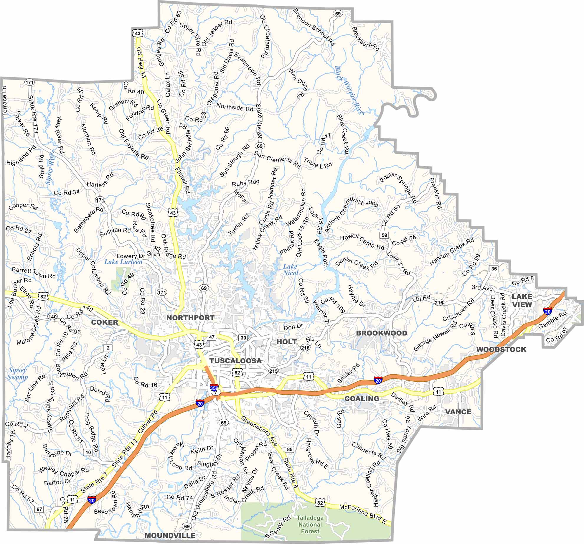 Tuscaloosa County map showing towns, roads, and county boundaries in Alabama.