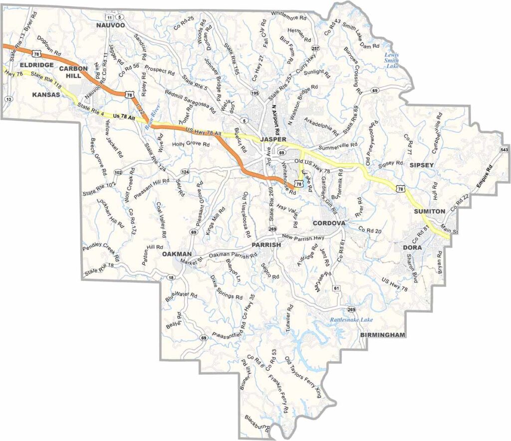 Walker County map showing towns, roads, and county boundaries in Alabama.