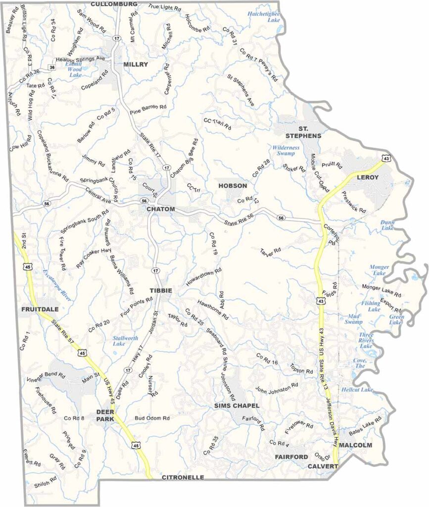 Washington County map showing towns, roads, and county boundaries in Alabama.