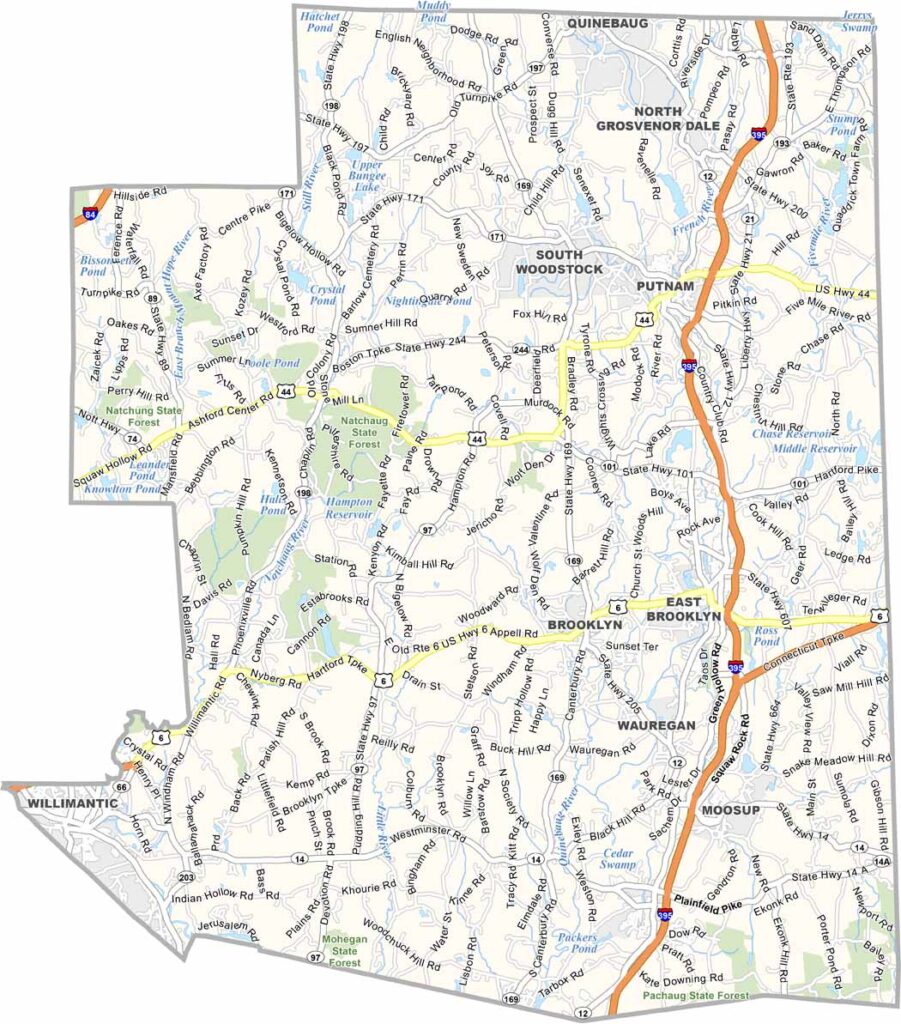 Windham County map showing towns and major roads in Connecticut