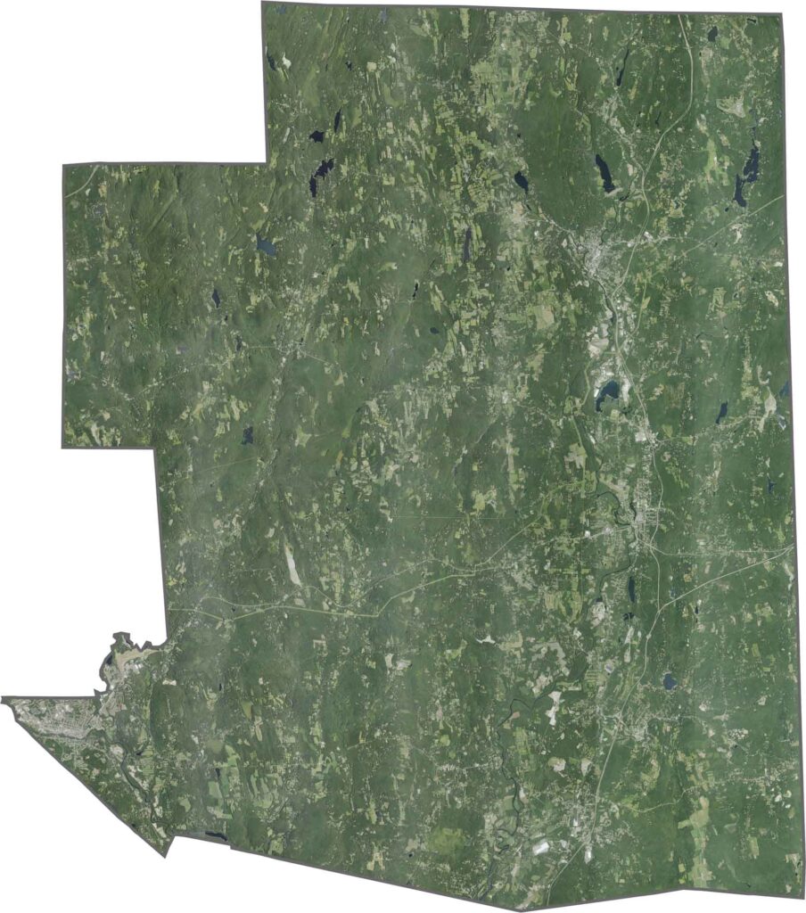 Satellite map of Windham County showing land features in Connecticut.