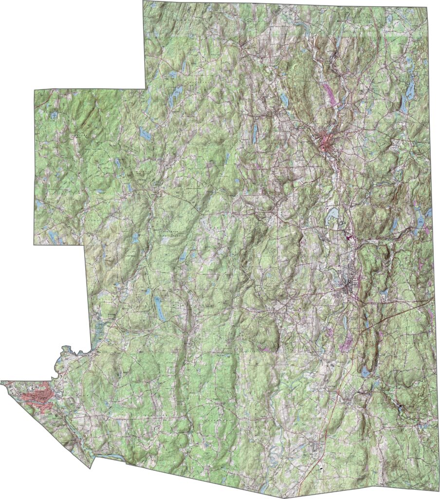 Topographic map of Windham County showing terrain and elevation in Connecticut.