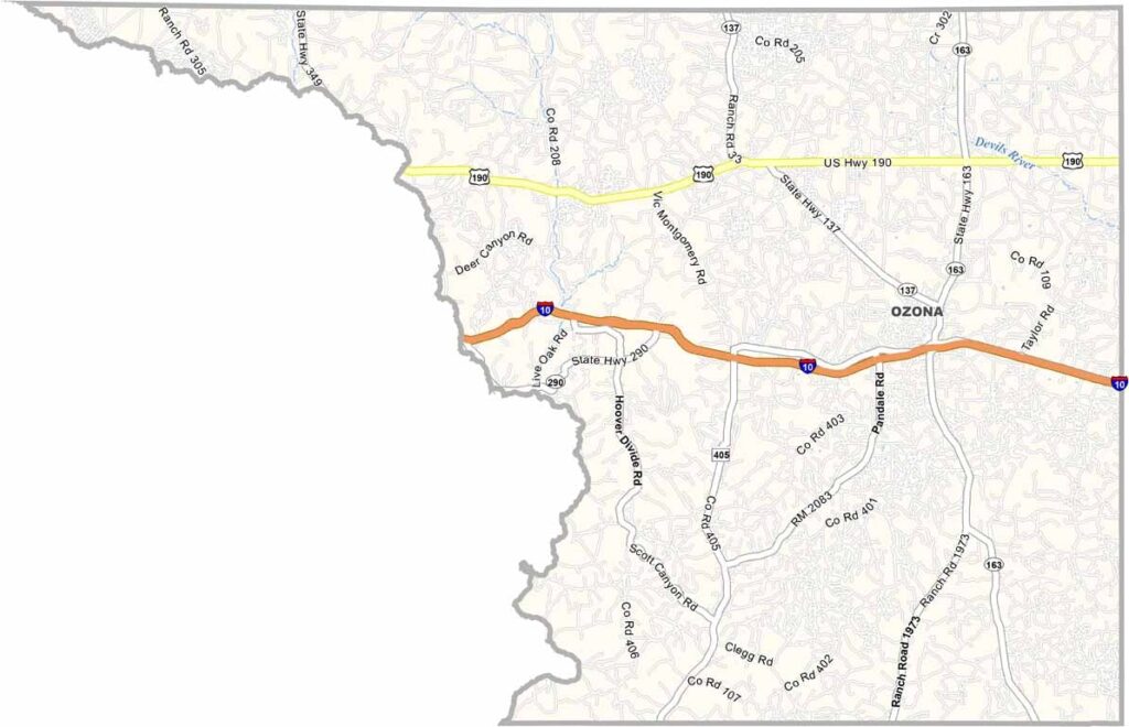 Crockett County map showing towns, roads, and geographic features in Texas.