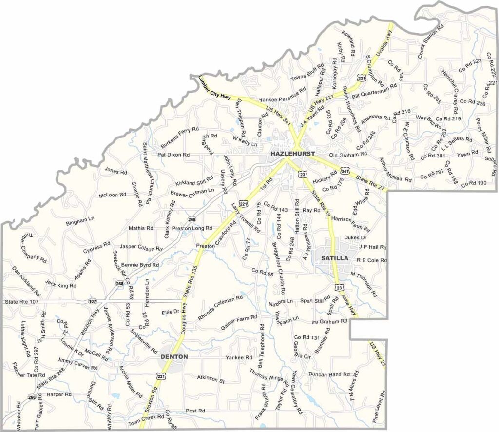 Jeff Davis County map showing towns and roads in Georgia.