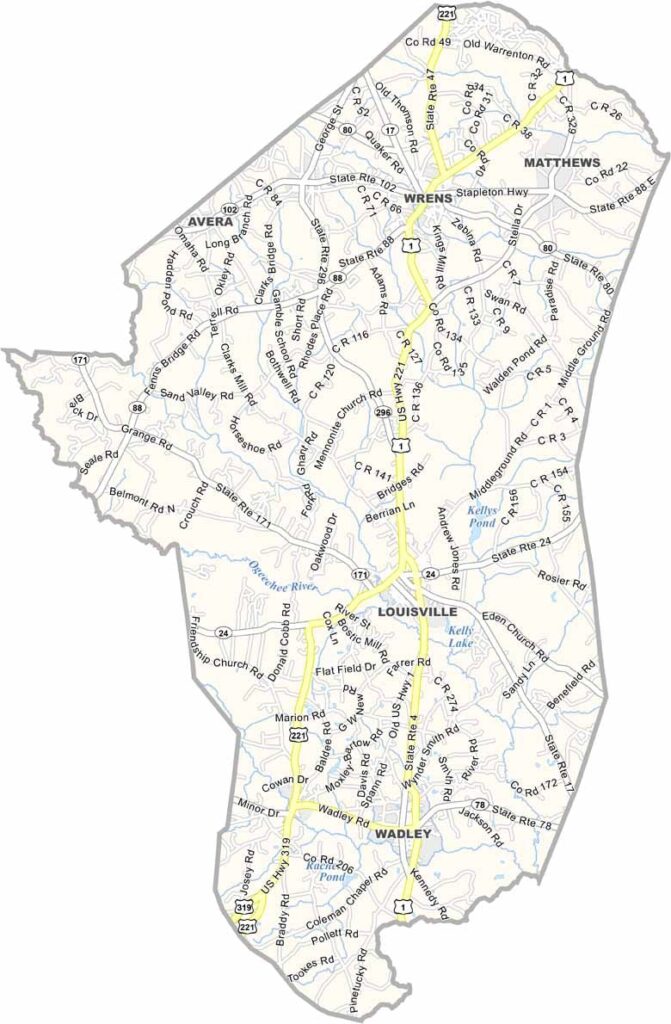 Jefferson County map showing towns and roads in Georgia.